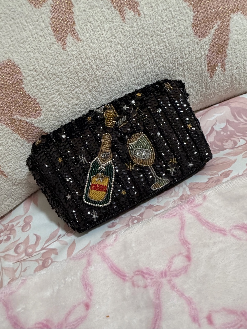 Sequin Embellished Black Evening Shoulder bag with Champagne Motif